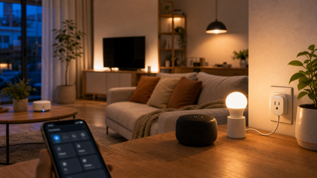 Sala residencial com dispositivos de automacao inteligente