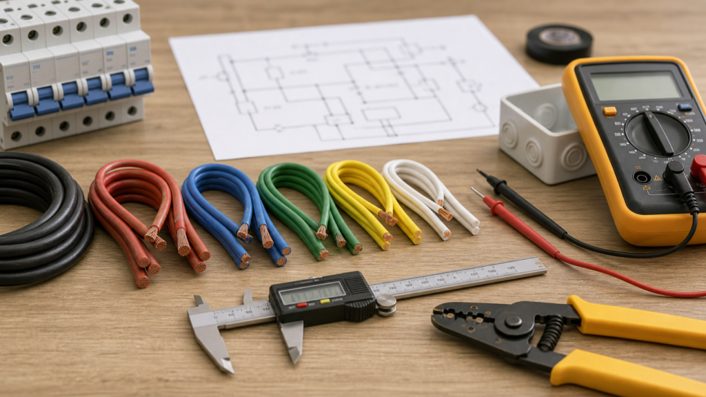 Cabos eletricos de diferentes bitolas com instrumentos de medicao
