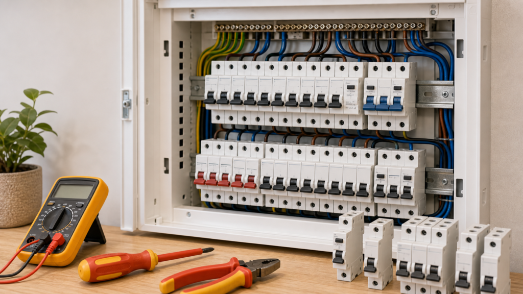 Disjuntores residenciais em quadro eletrico organizado