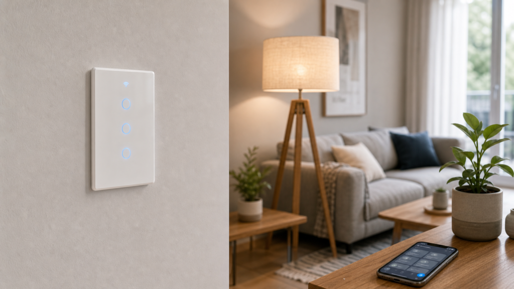 Interruptor inteligente WiFi instalado em sala residencial com aplicativo de automacao
