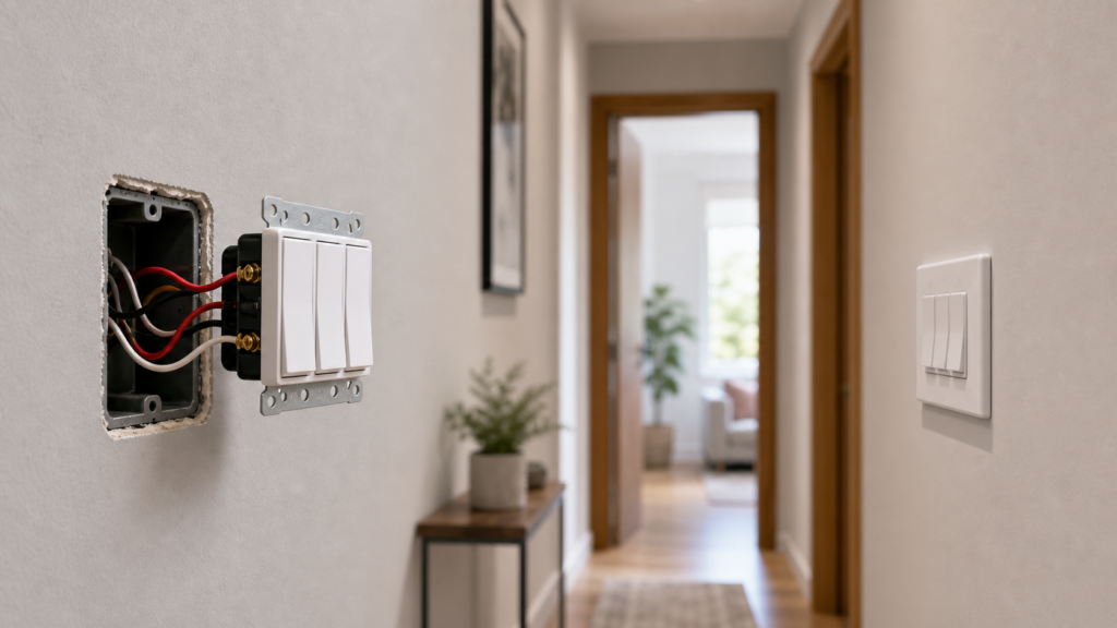 Interruptor paralelo three-way instalado em corredor residencial