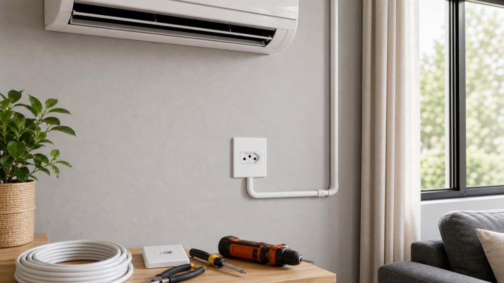 Tomada dedicada para ar-condicionado instalada em parede residencial