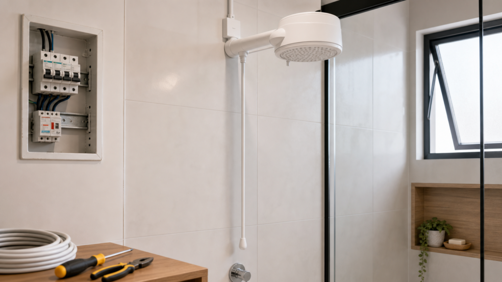 Chuveiro eletrico instalado em banheiro residencial com quadro de protecao