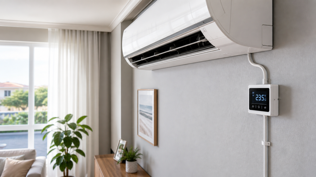 Controlador de temperatura instalado ao lado de ar-condicionado residencial