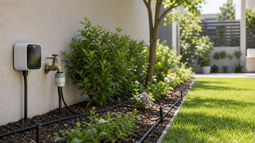 Sistema de irrigacao automatizado em jardim residencial