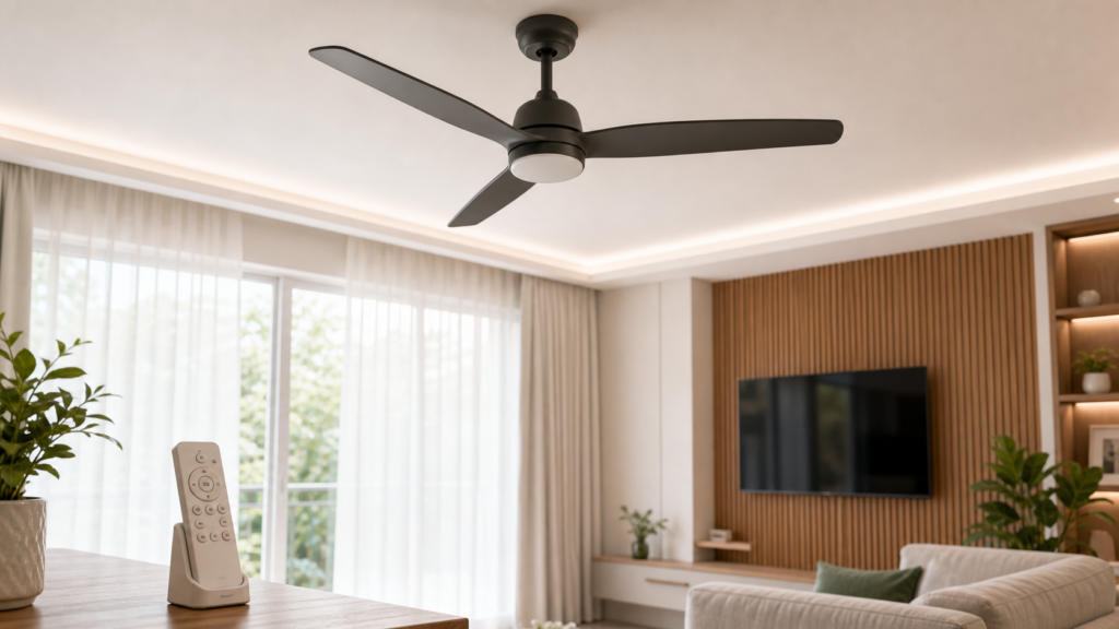 Ventilador de teto com controle remoto em sala residencial
