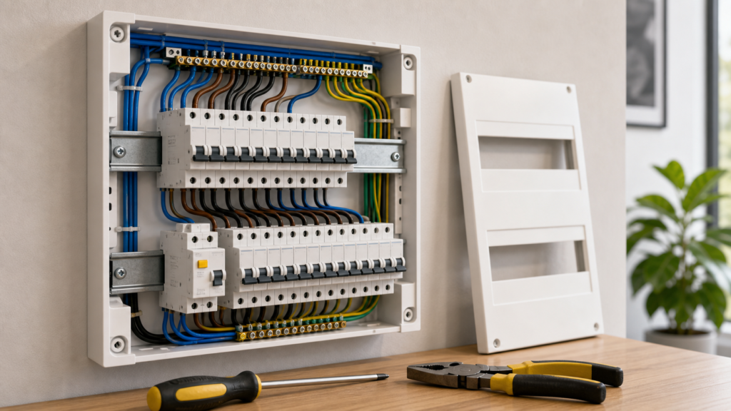 Quadro de disjuntores residencial montado com fios organizados