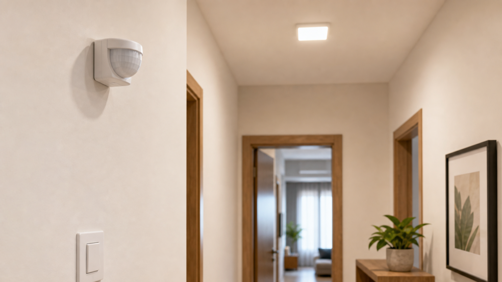 Sensor de presenca instalado em corredor residencial